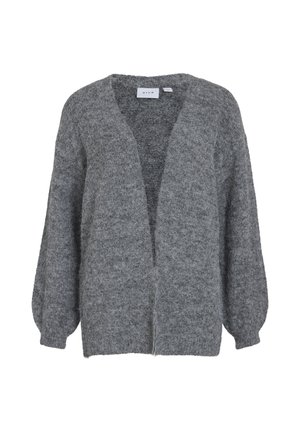 Grå stickad cardigan med V-krage, öppen framsida och ballongsärmar. Tillverkad av ett mjukt, texturerat material och har en avslappnad passform.