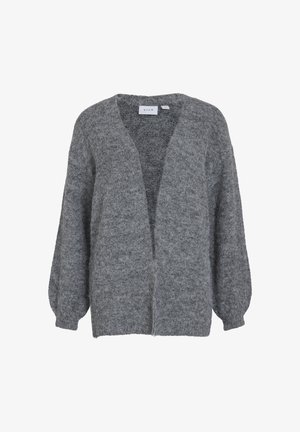 Grå stickad cardigan med V-krage, öppen framsida och ballongsärmar. Tillverkad av ett mjukt, texturerat material och har en avslappnad passform.