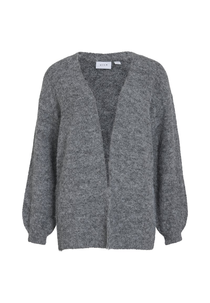 Grå stickad cardigan med V-krage, öppen framsida och ballongsärmar. Tillverkad av ett mjukt, texturerat material och har en avslappnad passform.