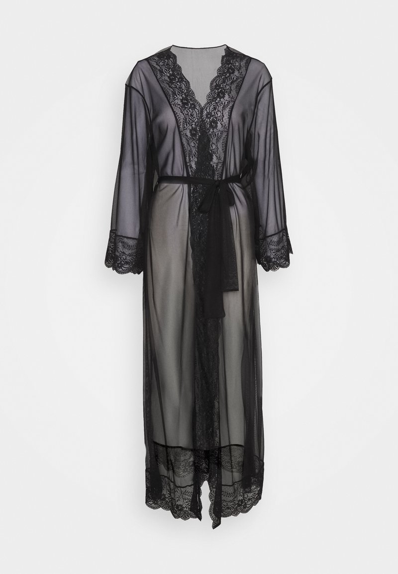 Czarny, przezroczysty kimono w stylu szlafroka, zdobiony koronkowym wykończeniem, z wiązaniem w talii, długimi rękawami i falbaniastymi brzegami. Lekka tkanina o przezroczystej strukturze.