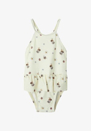 Żółty kostium kąpielowy z falbaną, zdobiony kwiatowym wzorem z insektami, w tym pszczołami i biedronkami. Ramiączka na cienkich paskach i gładka faktura.