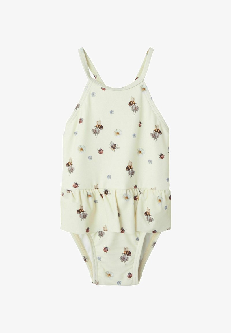 Geel badpak met een ruchesrand, voorzien van een bloemen- en insectenprint met bijen en lieveheersbeestjes. Spaghetti bandjes en een gladde textuur.