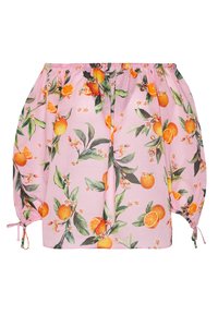 Blusa rosa scampanata con lunghe maniche a sbuffo e un motivo di frutti agrumi che presenta arance e foglie verdi.