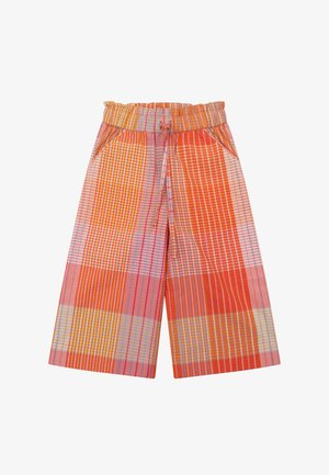 Wijdvallende broek met hoge taille, elastische tailleband en trekkoord, voorzien van een kleurrijk ruitpatroon in oranje, roze en geel.