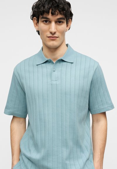 Νεαρός άνδρας με σγουρά μαλλιά που φοράει ανοιχτό μπλε κοντομάνικο πόλο με κάθετες ρίγες, γιακά και κουμπωτό πέτο.