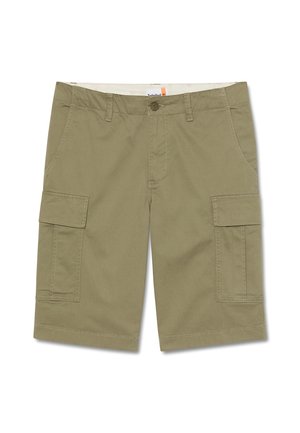 Hellbraune Cargo-Shorts mit Knopfverschluss, Gürtelschlaufen, Seitentaschen und großen Klappentaschen an jedem Bein.