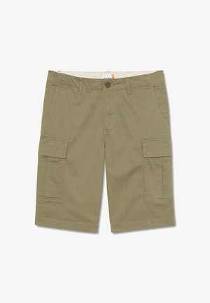 Light brown cargo shorts with button closure, belt loops, side pockets, and large flap pockets on each leg.