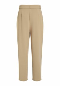 Beige, op maat gemaakte broeken met een gladde textuur, voorzien van een aansluitende taille, plooien en rechte pijpen. Geen zichtbare patronen of versieringen.