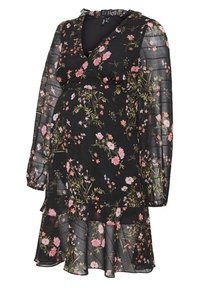 Musta kukallinen mekko, jossa on pitkät läpinäkyvät hihat, v-kaula-aukko, tiukka vartalo ja frillapohja. Sisältää vaaleanpunaisia ja vihreitä kukkakuoseja ympäriinsä.