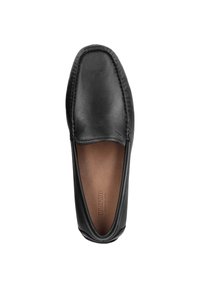Sort læder slip-on sko med en rund tå, detaljeret syning og en glat finish. Indvendigt har den brun foret med mærkelogotype.