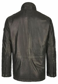Schwarze Lederjacke mit hohem Kragen, langen Ärmeln und einer glatten Textur mit sichtbaren Nähten und dezentem Glanz.