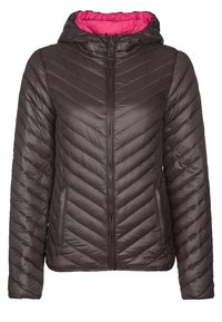 Brown padded jacket with chevron quilting, zip closure, and a pink interior. Includes a hood, long sleeves, and side pockets for convenience.