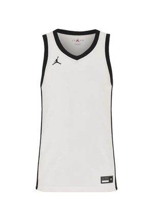 Biała koszykarska koszulka bez rękawów z czarnym obszyciem, czarne logo Jumpman na prawej piersi i metka rozmiaru na dolnym lewym brzegu.