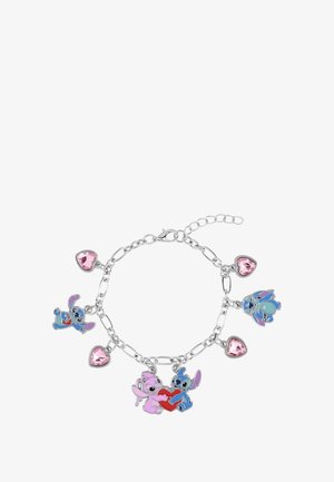 Bracciale a catena in argento con ciondoli smaltati rosa e azzurri, tra cui cuori e personaggi di una popolare serie animata.