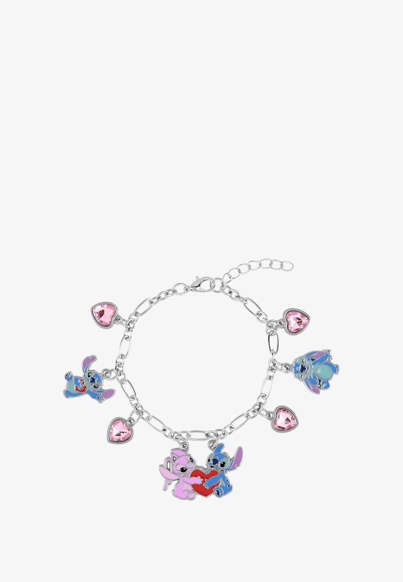 Bracciale a catena in argento con ciondoli smaltati rosa e azzurri, tra cui cuori e personaggi di una popolare serie animata.