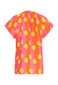 Kurzarmbluse in Pink, Orange und Gelb mit einem Zitronenmuster. Verfügt über einen gerafften Rücken und einen lockeren Schnitt. Aus Baumwolle oder leichtem Stoff.