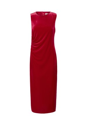 Sleeveless red velvet midi dress with side ruching and round neckline, fitted silhouette, and back zipper closure.