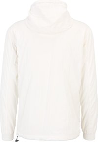 Balta kapuce ar garām piedurknēm un elastīgām aprocēm, redzama no mugurpuses, ar piepūšamu auklu apakšmalā.