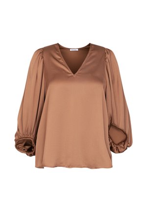 Brun satinbluse med V-hals, pufflange ærmer og elastiske manchetter. Glat tekstur og løs pasform, velegnet til lag-på-lag eller at bære alene.