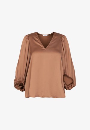 Blouse en satin marron avec un décolleté en V, des manches longues bouffantes et des poignets élastiques. Texture lisse et coupe ample, idéale pour le superposition ou à porter seule.