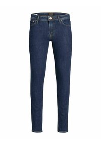 Dark blue slim-fit denim jeans with button and zipper closure, front and back pockets, and belt loops.