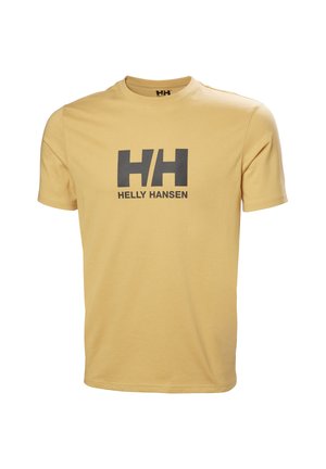Camiseta beige de manga corta Helly Hansen con logo "H/H" negro y texto "HELLY HANSEN" en el frente, cuello redondo.