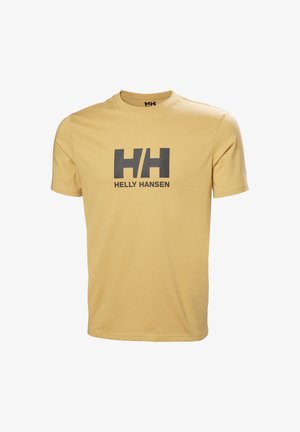 Camiseta beige de manga corta Helly Hansen con logo "H/H" negro y texto "HELLY HANSEN" en el frente, cuello redondo.