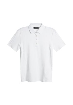 Biała koszulka polo z delikatnym wzorem fal, krótkim rękawem i zapięciem na trzy guziki. Wykonana z gładkiego, lekkiego materiału.