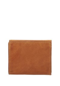 Brown leather wallet with visible stitching along edges, folded closed, isolated on white background.