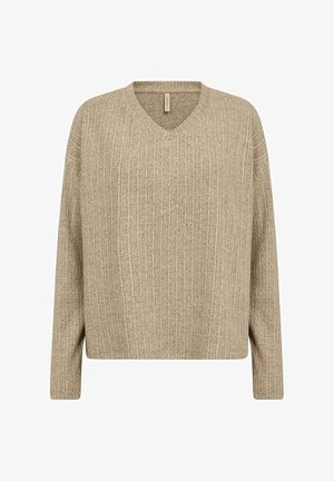 Beige V-hals sweater med ribbet tekstur. Lange ærmer og en afslappet pasform. Subtil farvevariation skaber et blødt, blandet udseende.