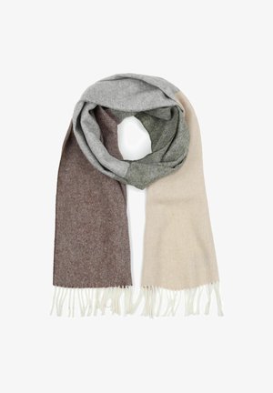 Woven scarf featuring gray, green, brown, and beige colors with a herringbone pattern and fringe detailing on the ends.