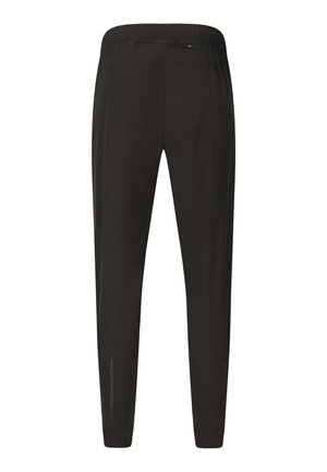 Pantalon noir fuselé avec taille élastique et petite poche zippée à l'arrière, conçu pour une coupe slim.
