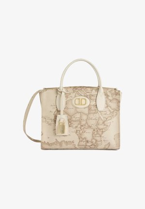 Borsa beige con stampa mappa del mondo, in pelle testurizzata, doppio manico superiore, tracolla staccabile e dettagli in oro.