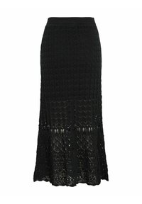 Jupe midi noire en crochet avec un motif texturé, taille côtelée et ourlet ondulé. Présente un design en tricot ajouré et une silhouette fluide.