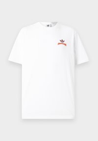White cotton t-shirt with short sleeves, featuring a small red and orange graphic logo on the chest. Classic round neckline.