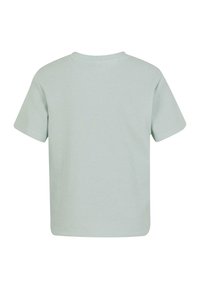 Tricou scurt cu mânecă scurtă de culoare verde deschis, cu o textură striată și o croială dreaptă. Dispune de un decolteu rotund și fără accesorii vizibile.