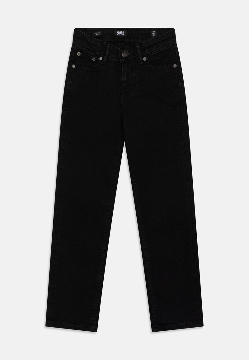 Svarta denimjeans med rak passform, framfickor och knäppning. Tyget är mjukt med en slät yta och minimal detaljering.