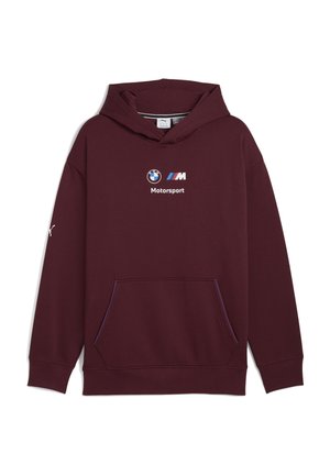 Bordo dukserica s kapuljačom od pamučne mješavine s džepom, koja sadrži BMW Motorsport logo i kontrastne plave akcentne boje na džepu i manžetama.