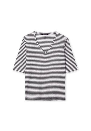 Gray and white striped short-sleeve V-neck top with a relaxed fit and a straight hem, made from soft, lightweight fabric.