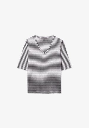 Gray and white striped short-sleeve V-neck top with a relaxed fit and a straight hem, made from soft, lightweight fabric.