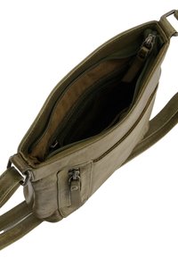 Olivengrüne Lederhandtasche mit Reißverschluss, ausgestattet mit mehreren Innenfächern und einem langen, verstellbaren Tragegurt. Strukturierte Außenseite mit Metallakzenten.