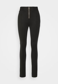 Black pants made from a stretchy material, featuring a high waistband and a front zip closure, with a sleek, fitted design.