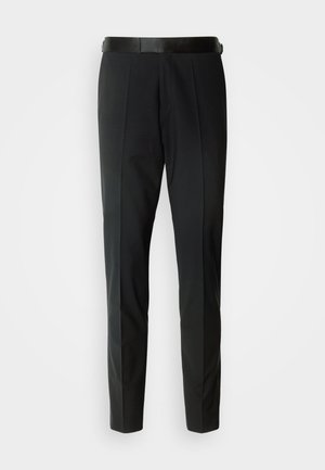 Black tailored pants with a smooth texture, featuring a flat front, subtle pleats, and a thin black belt.