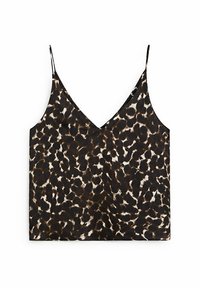 Spaghetti strap top featuring a v-neckline, made of lightweight fabric with a brown and cream animal print pattern.