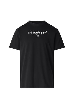 Sort T-shirt med korte ærmer med hvid forvrænget tekst "THE NORTH FACE" og mindre brandlogo midt på brystet.
