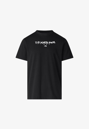Schwarzes T-Shirt mit kurzen Ärmeln, weißem verzerrtem "THE NORTH FACE"-Schriftzug und kleinem Markenlogo zentriert auf der Brust.