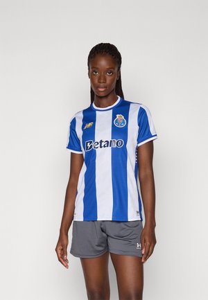 Blue and white striped soccer jersey with a crew neck, short sleeves, mesh fabric, featuring a logo and sponsor text on the front.