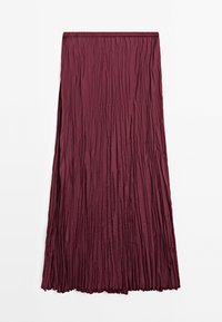 Jupe plissée prune avec une taille élastique, fabriquée en tissu léger. Son design long et fluide présente une texture verticale sur toute la surface.