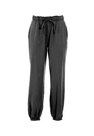 Czarne lekkie spodnie dresowe z elastycznym paskiem w talii i regulowanym sznurkiem, z bocznymi kieszeniami i ściągaczami na końcach nogawek.