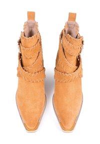 Botas de tobillo de ante en tono marrón con acentos de capas y flecos, y punteras afiladas. Los tacones transparentes con un brillo sutil completan el diseño.